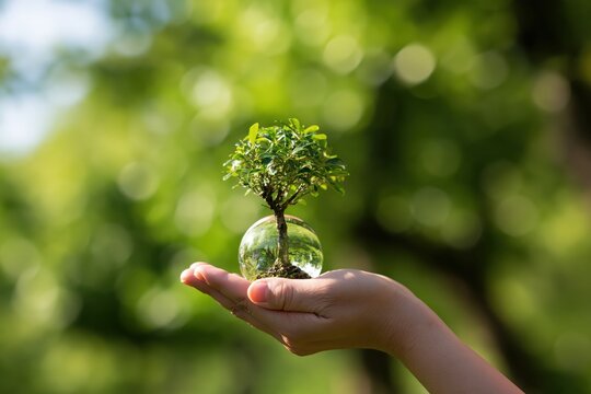 Hand cradles tiny tree in glass orb against green bokeh