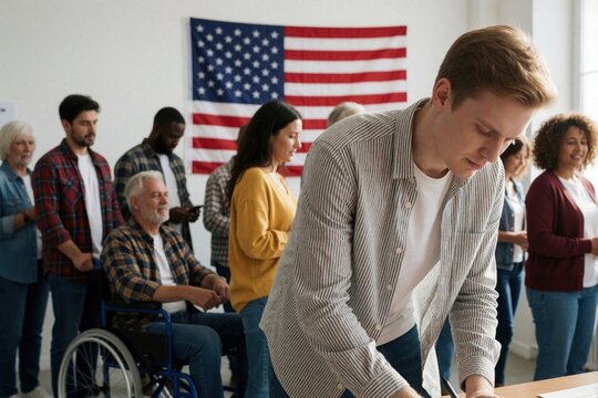 Diverse people stand in line for US election. Young man fills out ballot paper near American flag. Senior man in wheelchair, various citizens wait to vote in polling station. Group of voters