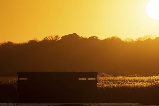 South bird hide and reedbeds landscape at sunset, RSPB Minsmere nature reserve, Suffolk, England, United Kingdom