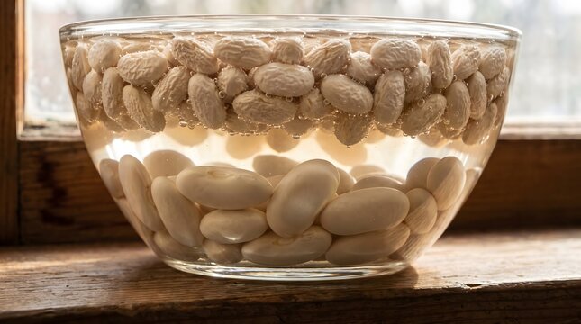 White beans soaking in water inside glass bowl