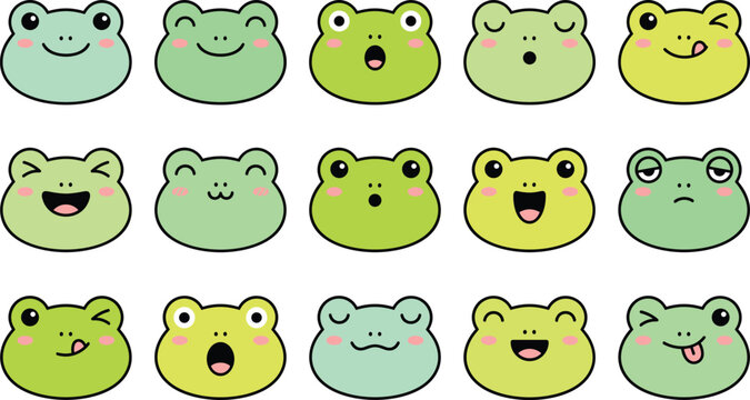 Cute cartoon frog faces vector illustration set with various expressions