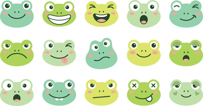 Cute cartoon frog faces with different expressions and emotions for graphic design and stickers.