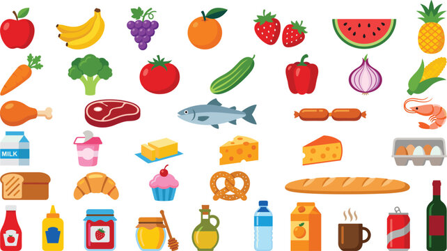 Diverse grocery items and food staples icon set including meat dairy produce and beverages