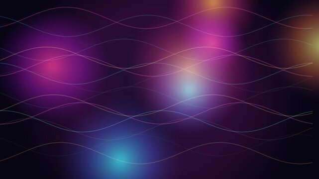 Abstract digital motion background featuring flowing wave lines and vibrant bokeh light spheres.