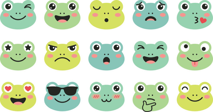 Playful frog emoticons with various expressions for stickers and graphic design.