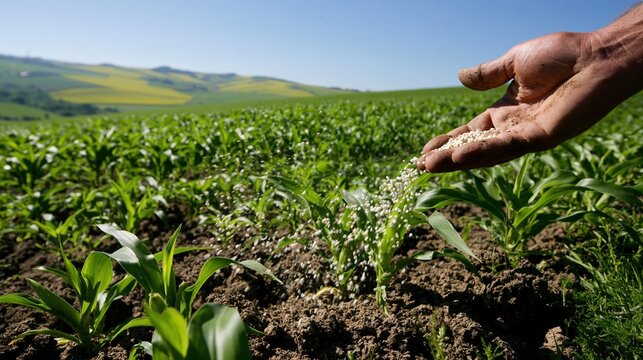 Fertilizer granules in a weathered hand being scattered over crumbly soil and young corn shoots for crop nutrition and farming