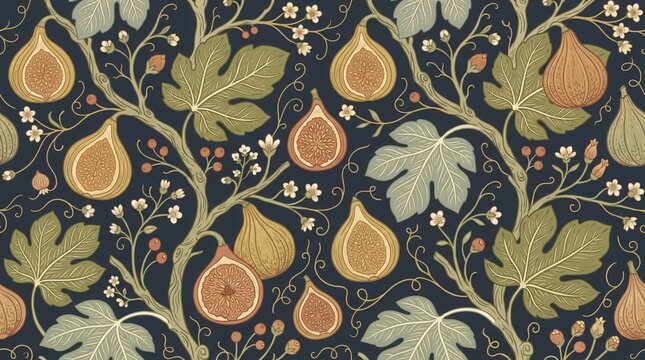Vintage floral pattern with figs and leaves on a dark teal background