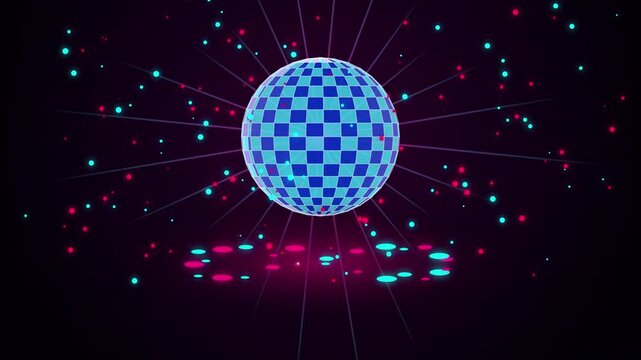 Rotating disco ball with colorful glowing light particles and vibrant neon floor animations.