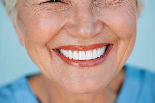 Smile with white ceramic veneers on a joyful woman, featuring moist lips and natural skin textures for cosmetic dentistry and dental care
