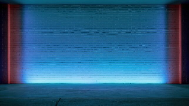 Brick wall glowing with blue and red neon lighting on an empty stage, featuring rough textures and copy space for product display