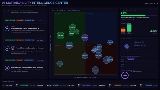 Explore the AI Sustainability Recommendations Dashboard showcasing dynamic actions, impact metrics, cost analysis, and feasibility ratings with an engaging neural-network backdrop.