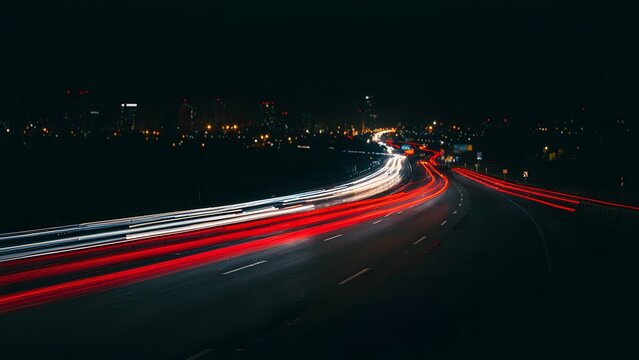 Long Exposure Photography of Highway Traffic Light Trails at Night with Dark Horizon