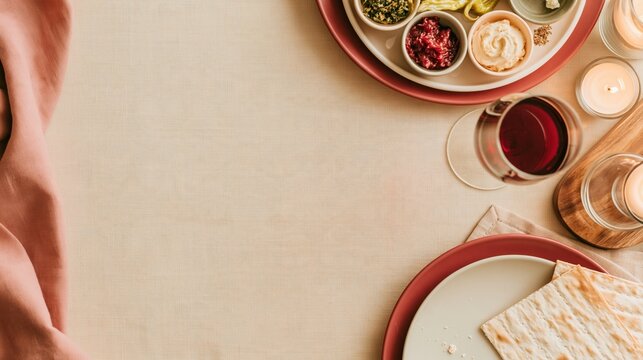 Passover seder plate with matzah and red wine on a festive table, featuring warm candlelight and copy space for holiday greeting designs