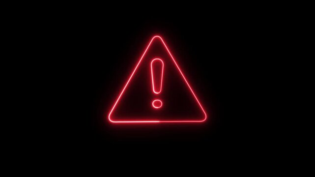 Animated glowing neon warning sign alert icon with exclamation mark seamless motion loop on black background