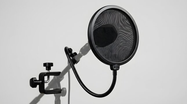 Professional black pop filter attached to a studio microphone stand against a clean bright studio background