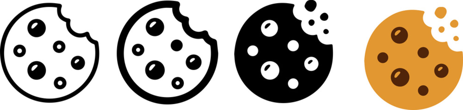 Chocolate Chip Cookie Icon Set, Bitten Biscuit, Sweet Bakery Snack, Outline and Solid Food Vector Symbols

