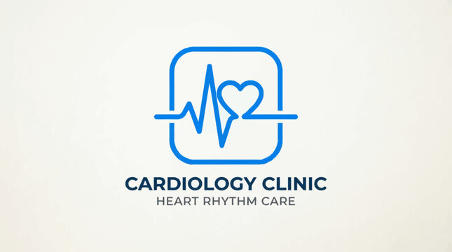 A blue line art logo for a cardiology clinic, featuring an electrocardiogram waveform transforming into a heart shape within a rounded square, with text 'CARDIOLOGY CLINIC HEART RHYTHM CARE'.