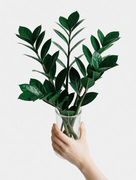 Human hand holds glass vase with green zamioculcas plant. Zamioculcas zamiifolia leaves grow in clear water jar. Minimalist indoor plant decoration for home office decor. Fresh botanical life on