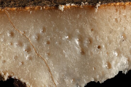 Close up of mountain cheese with smooth paste and glossy eyes, featuring a rich ochre rind for deli menus and luxury food labels