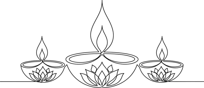 Minimalist continuous line art diwali diya oil lamps, black and white deepavali oil lamp vector illustration, indian festival outline graphic elements