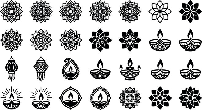 Diwali festival decorative vector elements set, black oil lamp diya icons, traditional Indian rangoli mandala graphics for Deepavali design