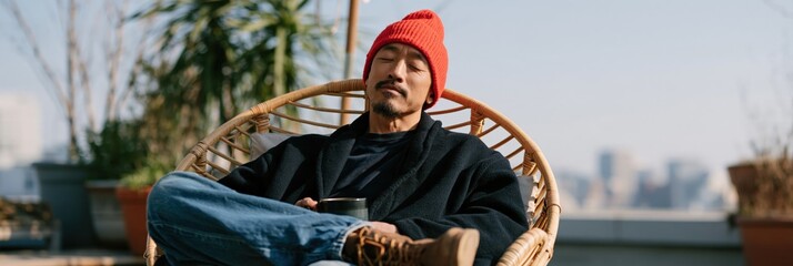 Fototapeta premium Man in a red beanie lounging in a woven chair on a rooftop with city skyline for urban relaxation background and lifestyle imagery