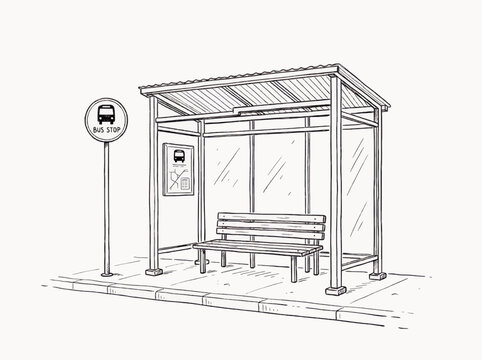 Hand drawn sketch of a modern glass bus stop shelter with bench and signpost