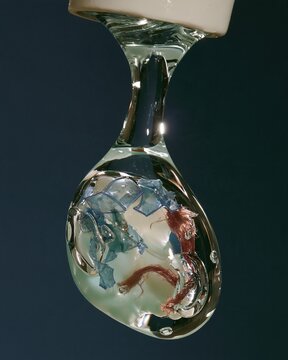 A single falling water drop containing microscopic plastic fragments and a red fibre, showing crisp surface tension for medical and biology explainers