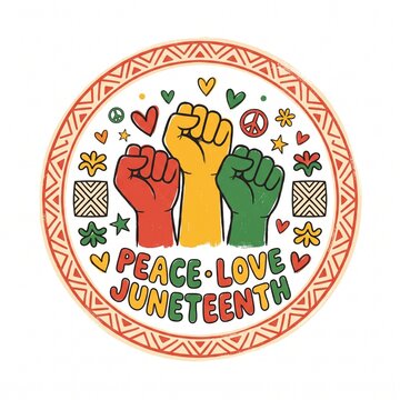 Juneteenth celebration illustration with raised fists and peace symbols in a decorative circle
