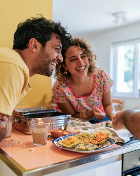 Two Indian flatmates laughing while sharing festival sweets at a kitchen worktop with a glowing oil lamp, for food delivery and household creative