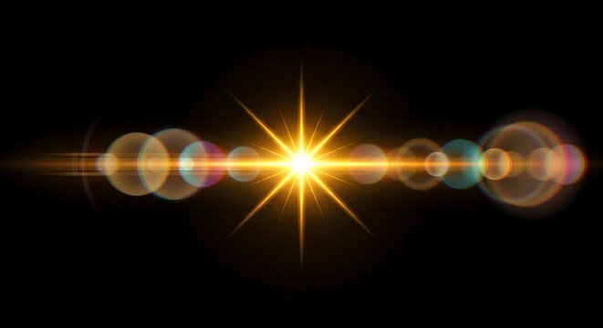 Golden starburst with lens flare and circular light bokeh effects, bright glowing sun flare on a black background