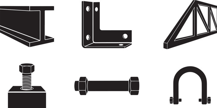 Metal structural parts and fastening hardware including steel beam corner bracket truss section and heavy duty bolts for repair.
