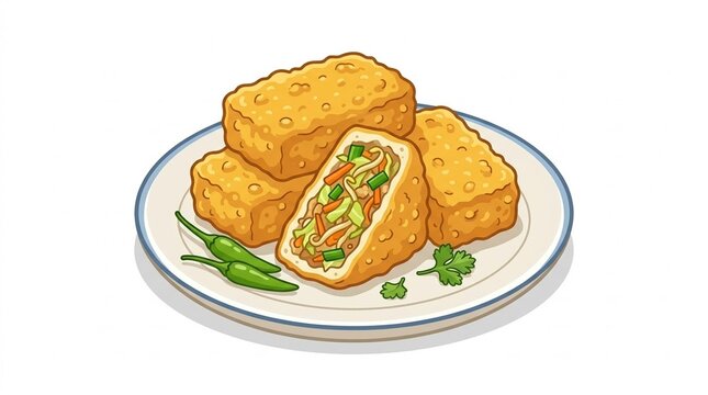 Indonesian tahu isi fried stuffed tofu flat illustration