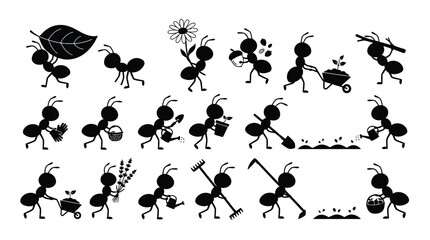 Fototapeta premium Ants-Carrying Gardening Items, Tiny Insect Garden Silhouette Collection