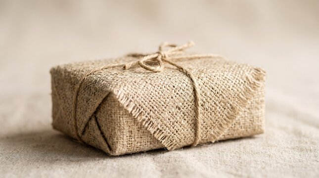Small gift box wrapped in textured rustic brown burlap fabric tied with thin natural jute twine string centered on neutral beige woven cloth surface creating warm minimalist aesthetic look.