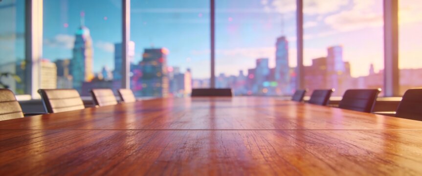 A polished wooden conference table in a modern boardroom overlooking a blurred city skyline at sunset, ideal for corporate backgrounds and leadership presentations.