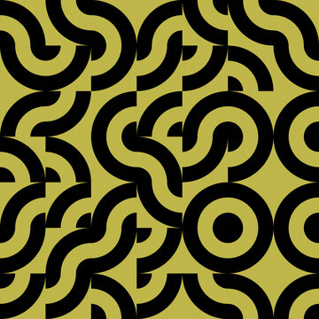 Abstract geometric pattern with interlocking curved lines and circular shapes in black and yellow