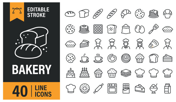 Minimalist bakery line icons featuring 40 essential bread types and baking accessories for branding and mobile application design.