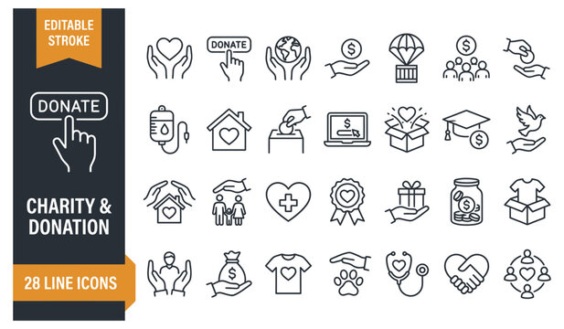 Twenty-eight line icons representing charity and donation with editable stroke for various humanitarian design needs.