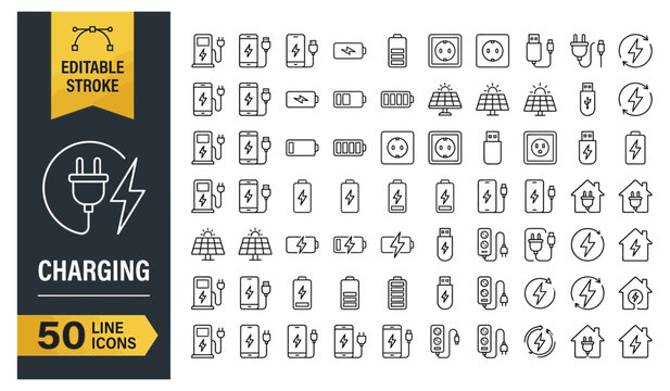 Power charging and battery status line icon set with fifty minimalist black symbols for energy and electrical supply design.