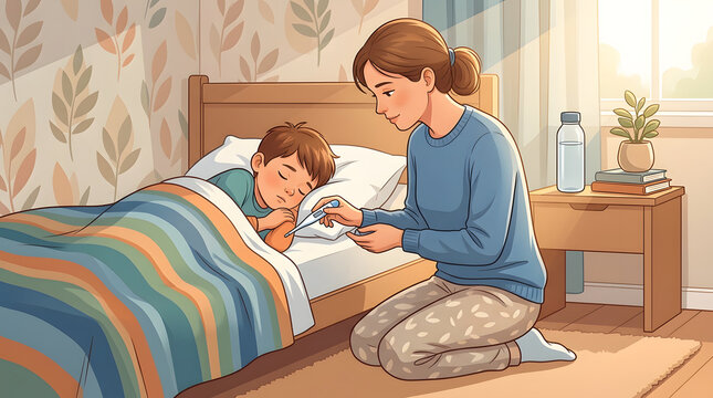 Mother Checking Sick Child's Temperature in Bedroom Illustration