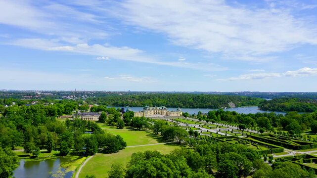 Stockholm, Sweden. Drottningholm. Drottningholms Slott. Well-preserved royal residence with a Chinese pavilion, theater and gardens. Drone footage, Point of interest