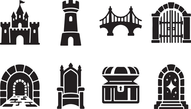 Set of black fantasy architecture and icons featuring a castle, tower, stone bridge, gate, dungeon entrance, throne, treasure chest, and portal