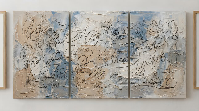 Abstract art painting with black messy scribbles and grey textures on a large canvas triptych