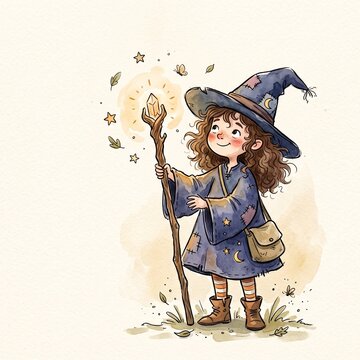 Magical Young Wizard Illustration Duo: Cute Hand-Drawn Watercolor Styles with Glowing Magic Staffs and Playful Details