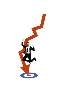 Vertical photo collage of angry man jump arrow reduction economy loss failure target decline bankrupt isolated on painted background