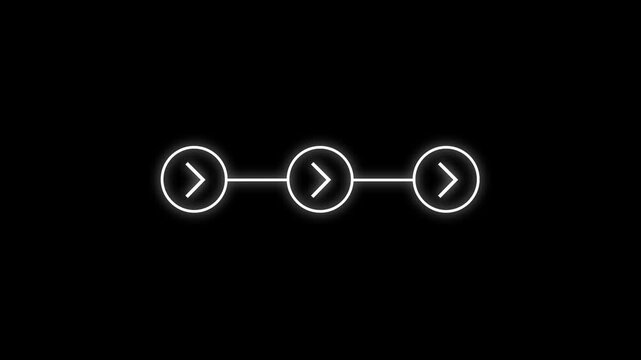 White Neon Three Step Arrow Process Animation with Glowing Right Chevron Icons in Connected Circles on Black Background for Workflow Navigation and Motion Graphics
