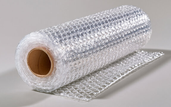 Roll of clear bubble wrap material displays protective air pockets. Material offers padding for fragile items packaging shipping goods or electronics safe transport.