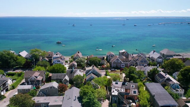 Aerial Pullback Over Waterfront Homes in Provincetown Cape Cod Massachusetts