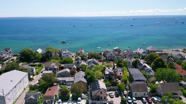 Aerial Approach Over Waterfront Homes in Provincetown Cape Cod Massachusetts
